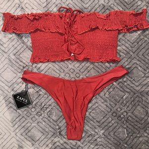ZAFUL Medium Shirred Lace Up Bardot Bikini Set in Rose